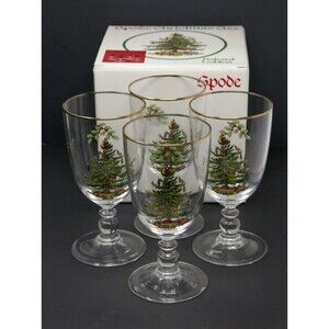 Spode Christmas Tree Gold Rim Glasses – Set of 4 Pedestal Goblets Glasses